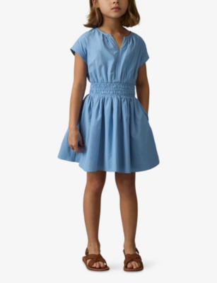 Shop Reiss Blue Ruched Contrast-binding Cotton Dress 4-9