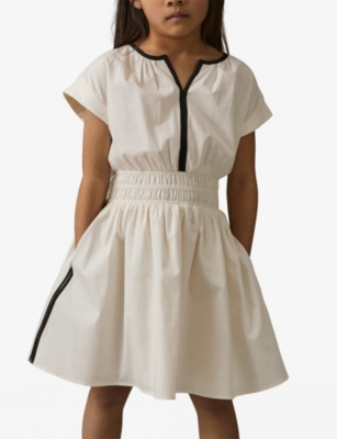 REISS IVORY RUCHED CONTRAST-BINDING COTTON DRESS 4-9 