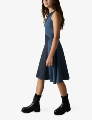 REISS BLUE WILDER PATCHWORK DENIM MIDI DRESS 9-13 