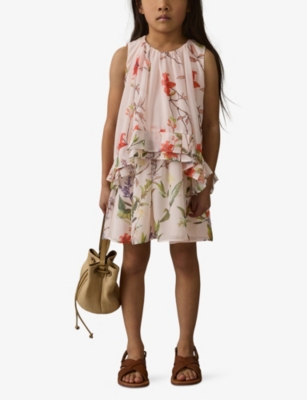 REISS LUNI FLORAL-PRINT TIERED CHIFFON MINI DRESS 4-9 YEARS PINK PRINT 