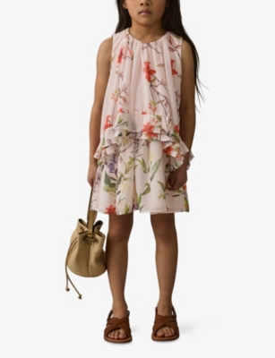 REISS PINK PRINT LUNI FLORAL-PRINT TIERED CHIFFON MINI DRESS 9-13 