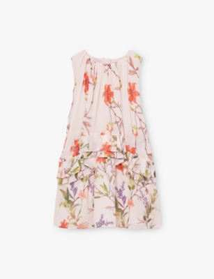 REISS PINK PRINT LUNI FLORAL-PRINT TIERED CHIFFON MINI DRESS 9-13 