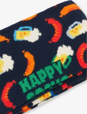 HAPPY SOCKS MENS BEER AND SAUSAGE STRETCH-COTTON BLEND SOCKS NAVY 