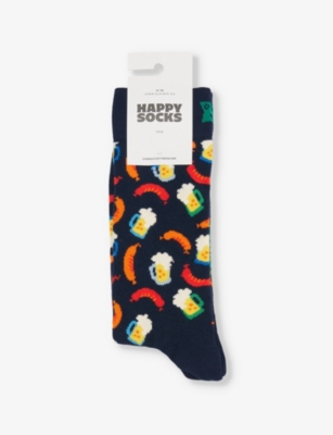 HAPPY SOCKS MENS BEER AND SAUSAGE STRETCH-COTTON BLEND SOCKS NAVY 