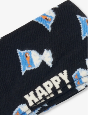Happy Socks Mens Black Something Fishy Stretch-cotton Blend Socks In Black