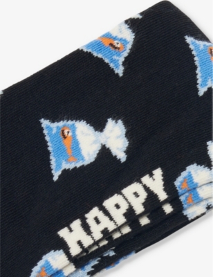 HAPPY SOCKS MENS SOMETHING FISHY STRETCH-COTTON BLEND SOCKS BLACK 