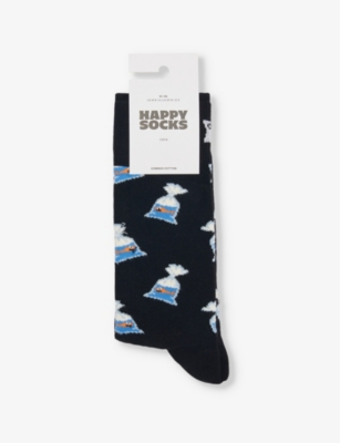 Happy Socks Mens Black Something Fishy Stretch-cotton Blend Socks In Black