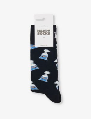 HAPPY SOCKS MENS SOMETHING FISHY STRETCH-COTTON BLEND SOCKS BLACK 