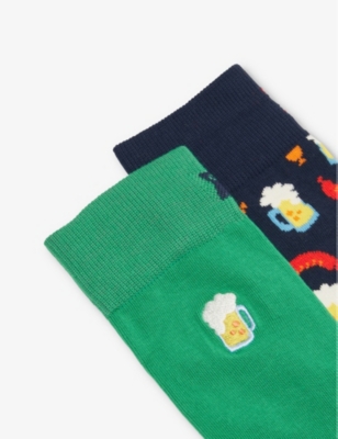 HAPPY SOCKS: Beer-patten ankle-length stretch cotton-blend socks pack of two
