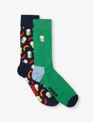 HAPPY SOCKS: Beer-patten ankle-length stretch cotton-blend socks pack of two