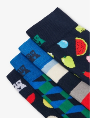 Happy Socks Mens Graphic-patten Ankle-length Stretch Cotton Blend Socks Pack Of Four Navy In Navy