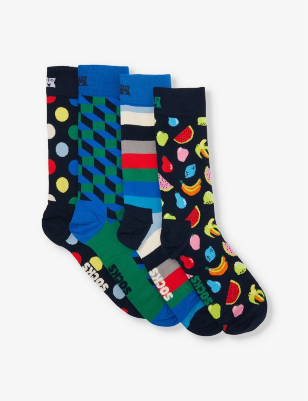 Graphic-patten ankle-length stretch cotton blend socks pack of four