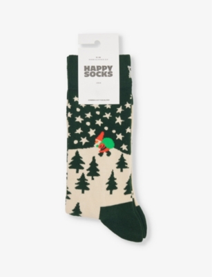 HAPPY SOCKS MENS SANTA ON THE WAY STRETCH-COTTON BLEND SOCKS DARK GREEN 