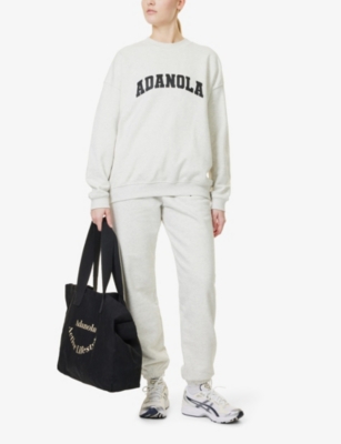 Shop Adanola Womens Light Grey Melange/black Varsity Oversized Crewneck Organic-cotton Fleece Sweatshirt Xl