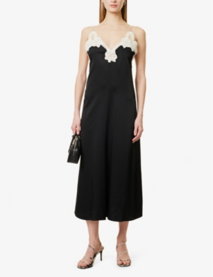 Shop Jil Sander Womens  Embroidered Sleeveless Satin Midi Dress In Black
