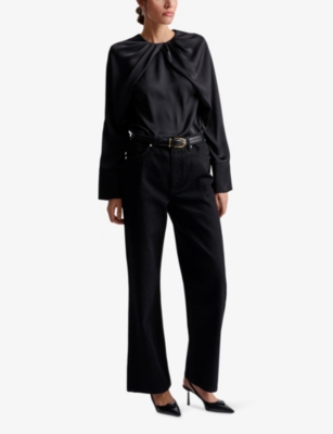 Malina Womens Evie Pleated-neck Flared-cuff Satin Blouse Black In Black