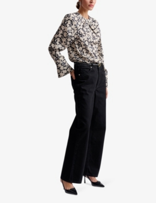 Malina Womens Evie Graphic-print Pleated-neck Satin Blouse Peony In Peony