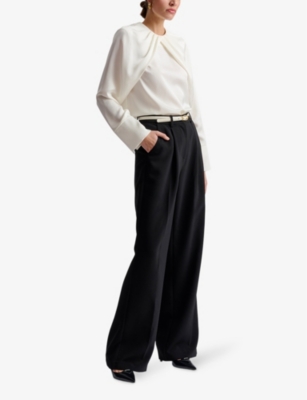 Evie pleated-neck flared-cuff satin blouse