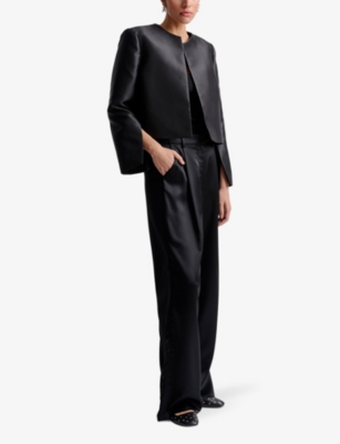 Malina Womens Ruthie Round-neck Long-sleeve Cropped Satin Blouse Black In Black