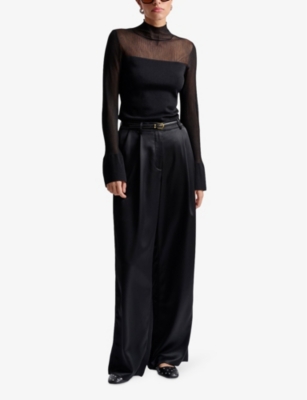 Malina Womens Millie High-neck Long-sleeve Sheer Knitted Top Black In Black