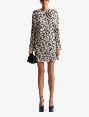 Malina Womens Evie Graphic-print Pleat-neck Satin Mini Dress Peony In Peony
