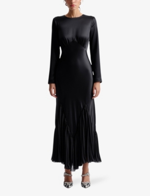 MALINA: Jenina round-neck long-sleeve pleated satin maxi dress