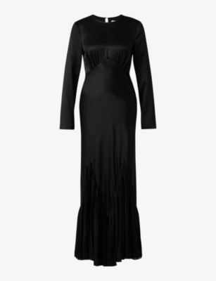 MALINA: Jenina round-neck long-sleeve pleated satin maxi dress
