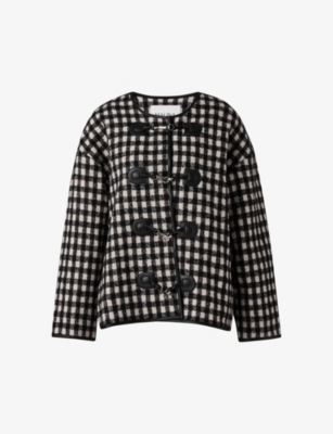 Malina Womens Lou Round-neck Relaxed-fit Checked Wool-blend Jacket Black Checks In Black Checks