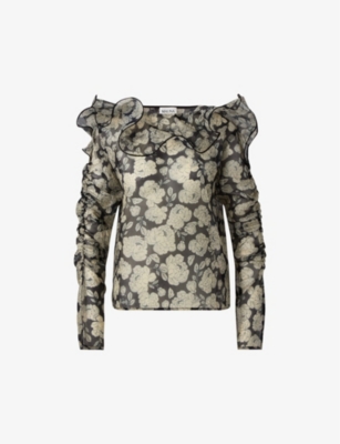 Angeline graphic-print frill-neck organza blouse