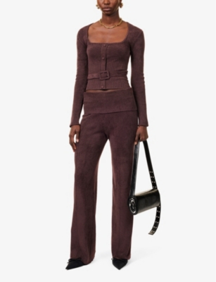 House Of Sunny Womens Chocolate Fold-over Straight-leg Mid-rise Knitted Trousers In Chocolate