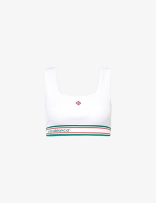 CASABLANCA: Cropped brand-patch stretch-woven blend top