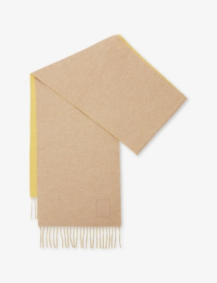 Loewe Womens  Two-tone Anagram-embroidered Wool And Cashmere-blend Scarf In Beige/yellow