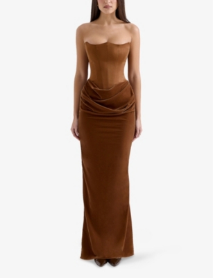 House Of Cb Of Cb Womens Persephone Fuller-bust Stretch-satin And Velvet Maxi Dress Toffee Velvet In Toffee Velvet