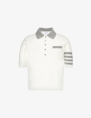 THOM BROWNE MENS HECTOR INTARSIA RELAXED-FIT COTTON-KNIT POLO SHIRT WHITE XL
