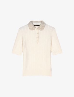 Maje Womens Embellished-collar Ribbed Wool And Cashmere Polo Shirt Blanc In Blanc
