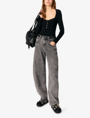 Maje Scoop-neck Top In Noir / Gris