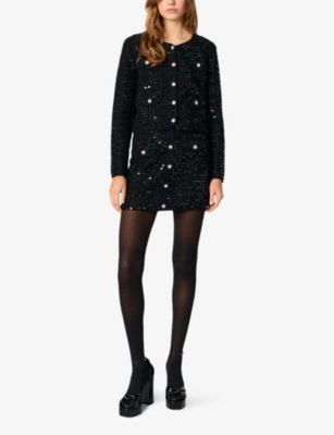 MAJE WOMENS NOIR / GRIS SEQUIN-EMBELLISHED BUTTON-DOWN STRETCH-WOVEN CARDIGAN 
