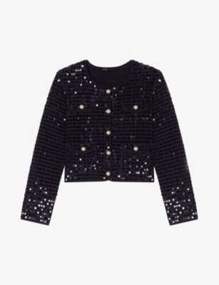 Maje Womens  Sequin-embellished Button-down Stretch-woven Cardigan In Noir / Gris
