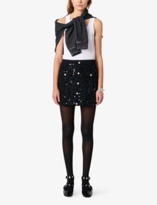 Sequin-embellished button-down high-rise knitted mini skirt