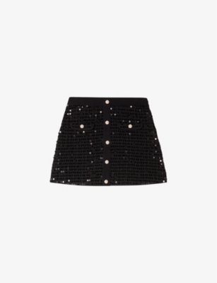 Maje Womens  Sequin-embellished Button-down High-rise Knitted Mini Skirt In Noir / Gris