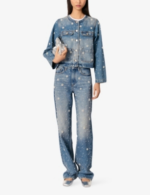 Shop Maje Womens Bleus Embellished Faded-wash Denim Jacket