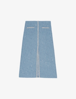 Maje Womens Bleus Side-pocket Tweed Woven Midi Skirt In Bleus