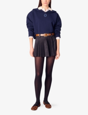 Maje Womens  Pearl-embellished Patch Cropped Cotton-blend Jersey Sweatshirt In Bleus