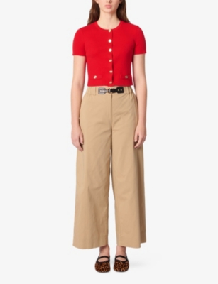 Maje Cropped Cardigan With Gold Buttons In Rouges
