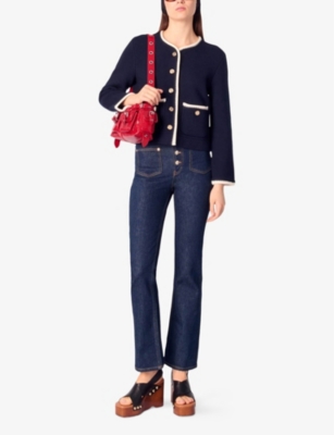 Maje Womens Contrast-trim Wool-blend Cardigan Bleus In Bleus
