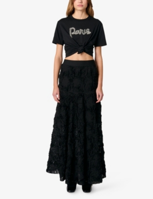 Floral-appliqué elasticated-waist woven maxi skirt