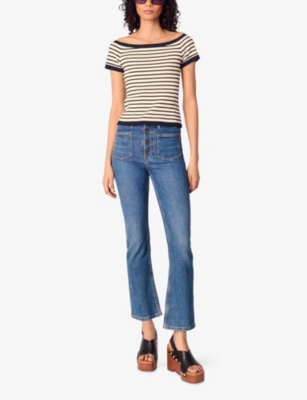 Shop Maje Womens Boat-neckline Stripe Ribbed-knit Top Bleus