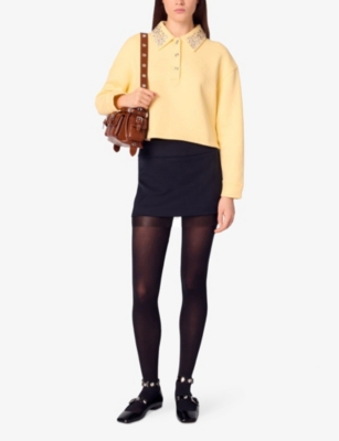 Maje Womens  Jewellery-collar Cropped Cotton-fleece Sweatshirt In Jaunes / Oranges