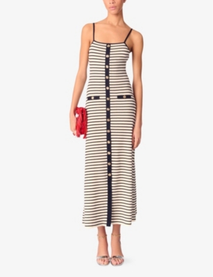 Shop Maje Womens  Stripe-pattern Ribbed-knit Cotton-blend Maxi Dress In Bleus