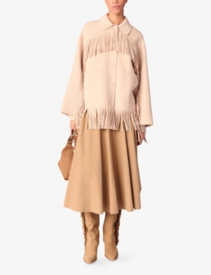 MAJE: Fringe-Trim Brushed Wool-Blend Coat